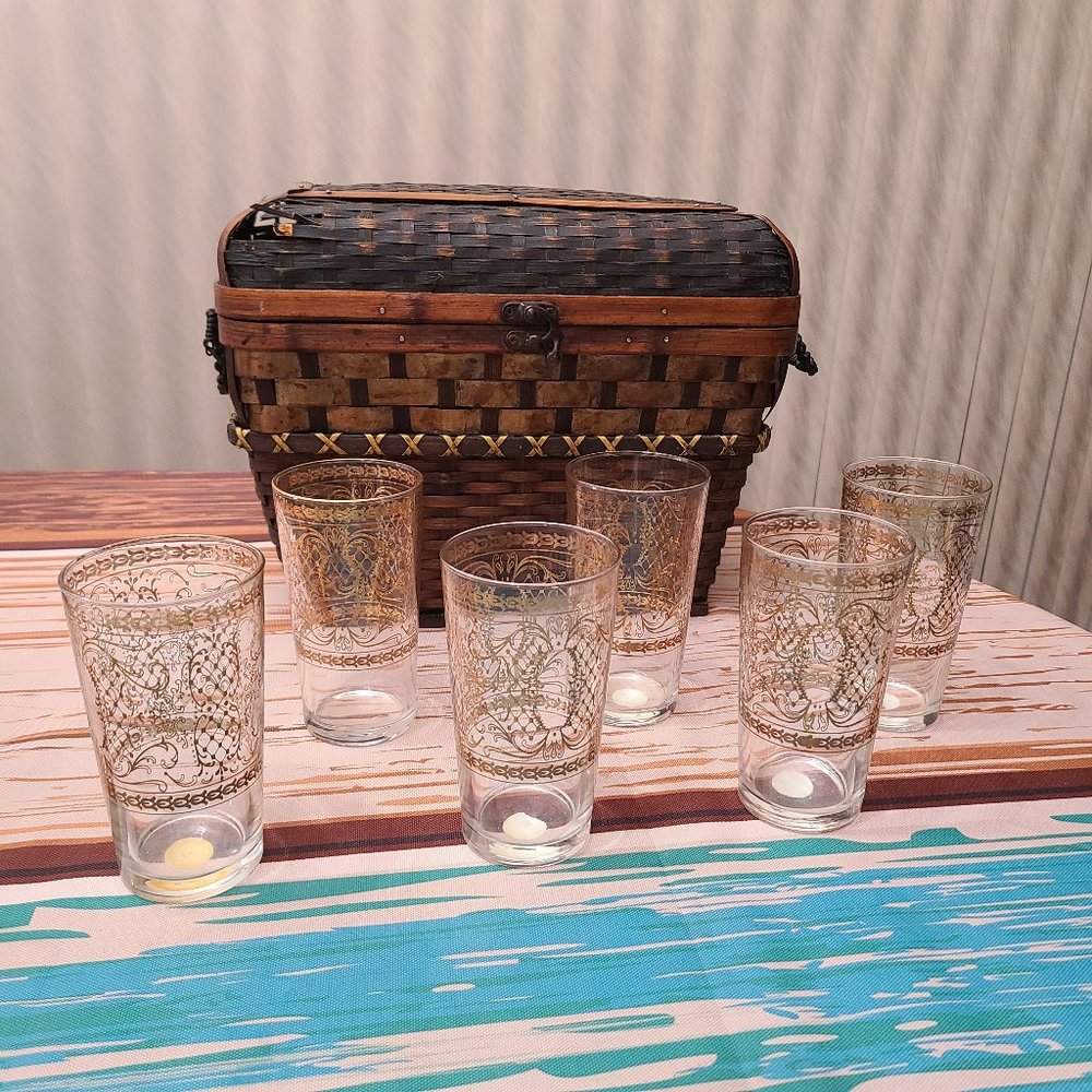 Set of 6 Italian Cocktail Water Glasses Clear Gold Etched Mid-Century Modern